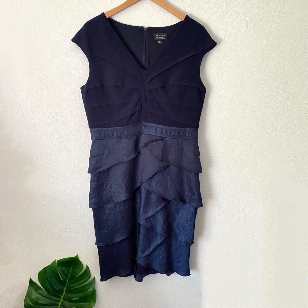 ADRIANNA PAPELL Navy Blue Tiered Contrast Cocktail Dress Women's Size 14